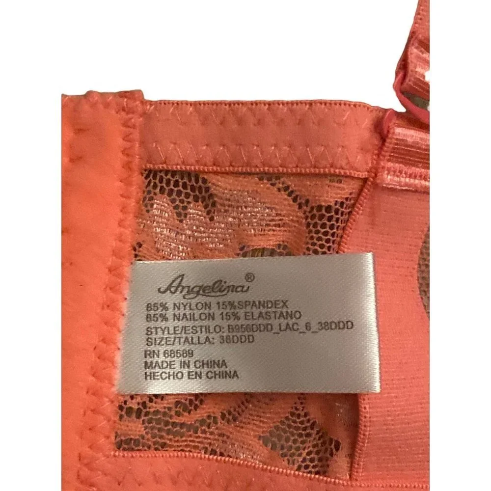 Angelina Plus Size Bra with Lace Decor and Convertible Straps in coral size 38DD